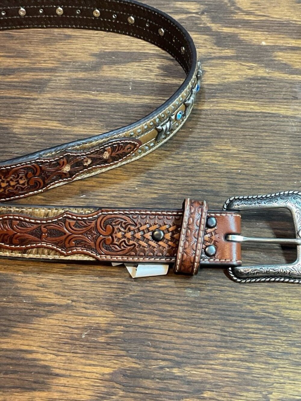 Ariat Men's Western Belt Brown Studded Silver-Tone Buckle Adjustable Size 46 - Picture 5 of 13